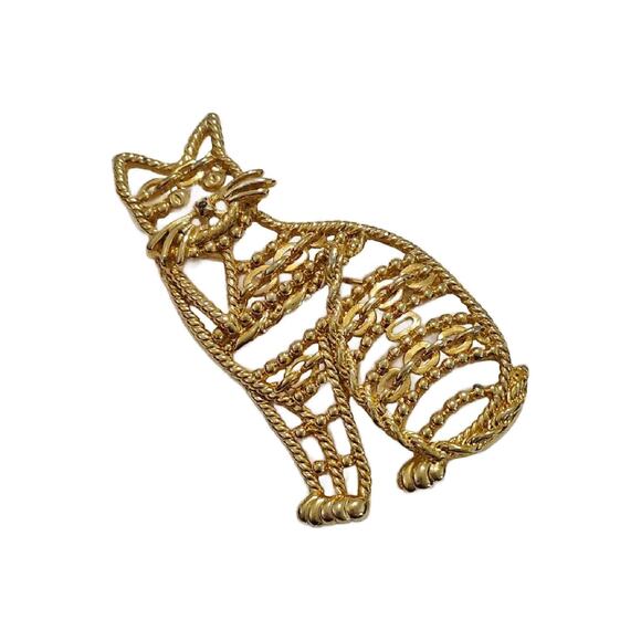 Vintage AJC Gold Tone Open Work Cat Brooch, 3" Tall - Picture 5 of 10